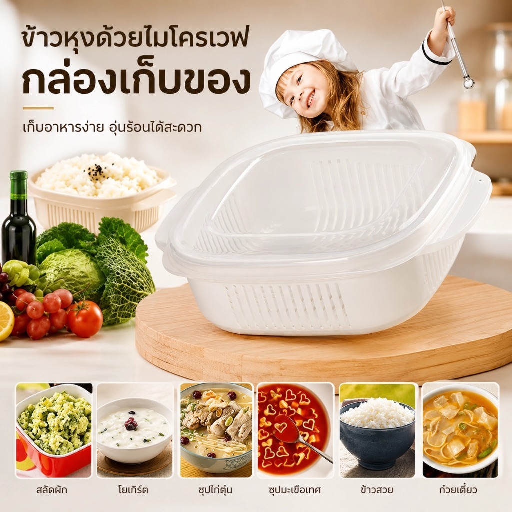 กล่องเก็บอาหารพร้อมฝาปิด เข้าไมโครเวฟได้ กล่องข้าวพกพา กล่องถนอมอาหาร แบ่งช่อง ใช้งานในครัว S00005
