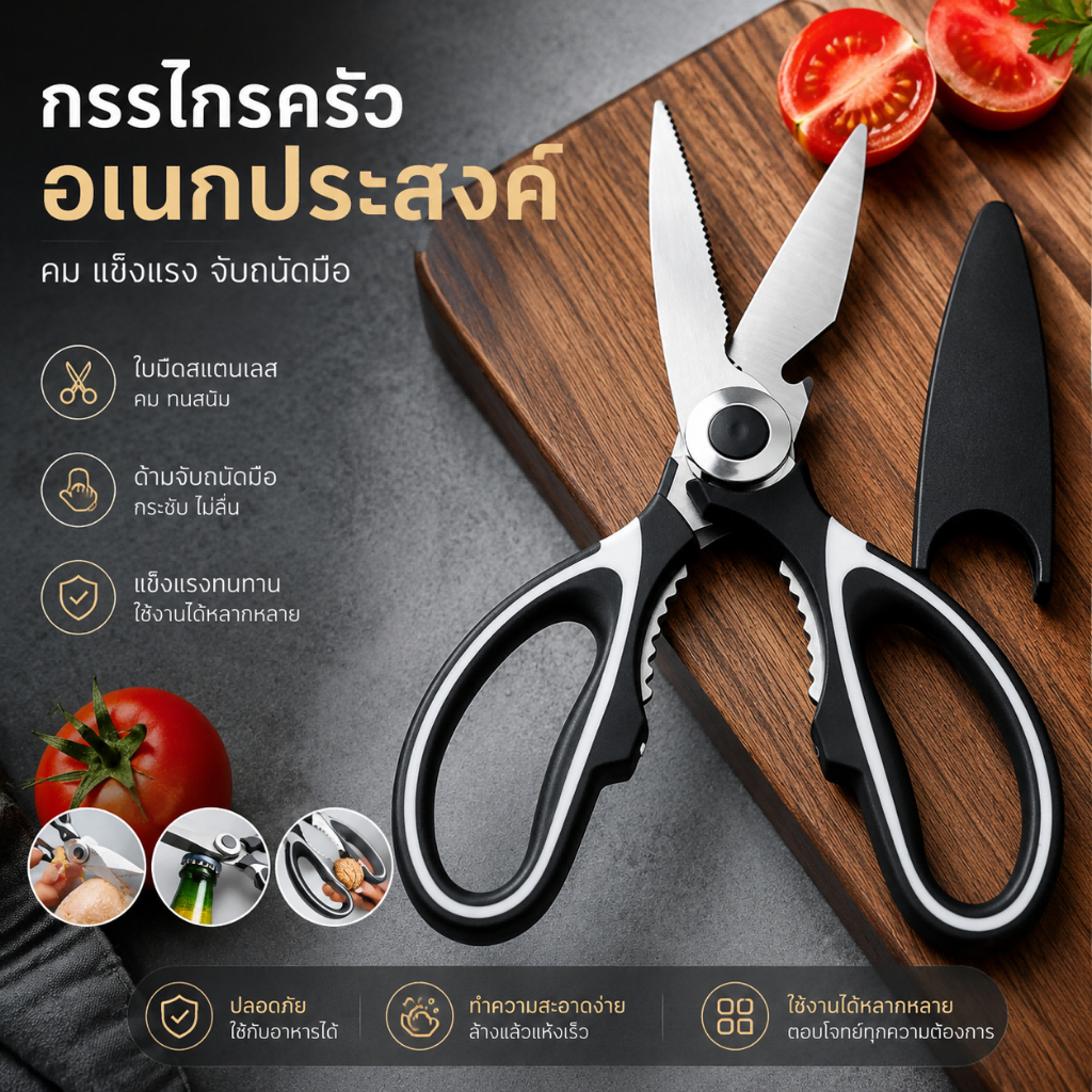 กรรไกรอเนกประสงค์ กรรไกรครัว กรรไกรสแตนเลส ด้ามกันลื่น ฟันปลา ตัดอาหาร ตัดเนื้อ ตัดไก่ ตัดเชือก ตัดพลาสติก S00206