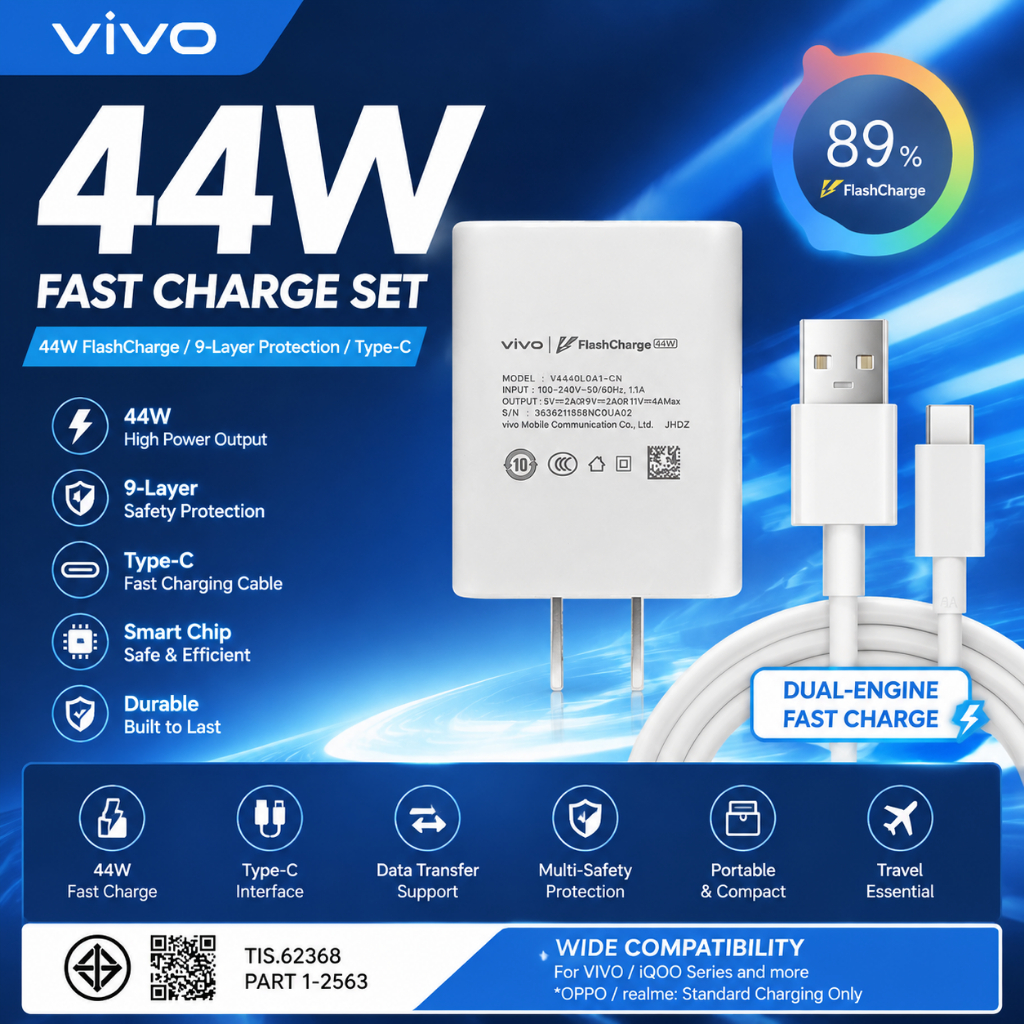 ชุดชาร์จเร็ว VIVO 44W Type-C หัวชาร์จ+สาย 4A ทนทาน ชาร์จไว ใช้ได้กับ V23 V21 V20 X50 Y72 รับประกัน 1