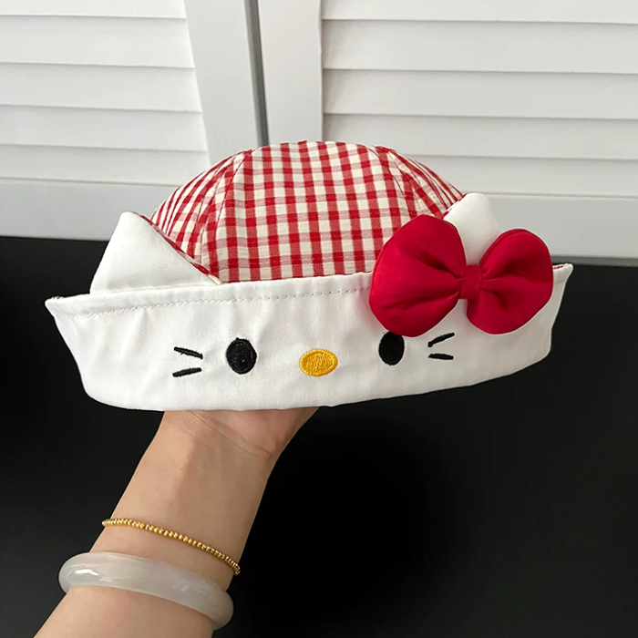 น่ารักลายสก๊อตสีแดง kt Cat Flip-Brimed Bucket Hat หญิงหัวใหญ่สแควร์รอบ Face Astronomical Cuisine All-Match Face-Looking Little Beret นักเรียน