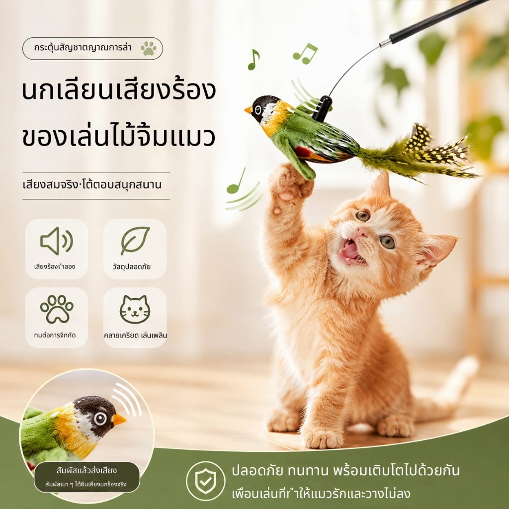ของเล่นแมวจําลอง Chirping Bird Sound Teaser Wand, ลูกแมว Self-entertainment ทนต่อการกัด