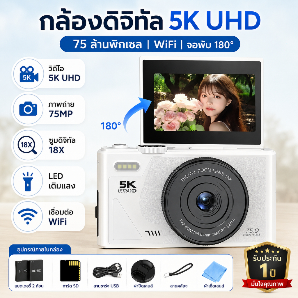 【อัพเกรดแบตเตอรี่คู่+แบตเตอรี่】 5K Digital Camera กล้องดิจิตอล 75MP 18X ซูมดิจิตอล 180° จอแสดงผลหมุนได้  โฟกัสอัตโนมัติ AF พกพาได้ กล้องดิจิตอล CCD กล้องบิวตี้ สิ่งจำเป็นในการเดินทาง