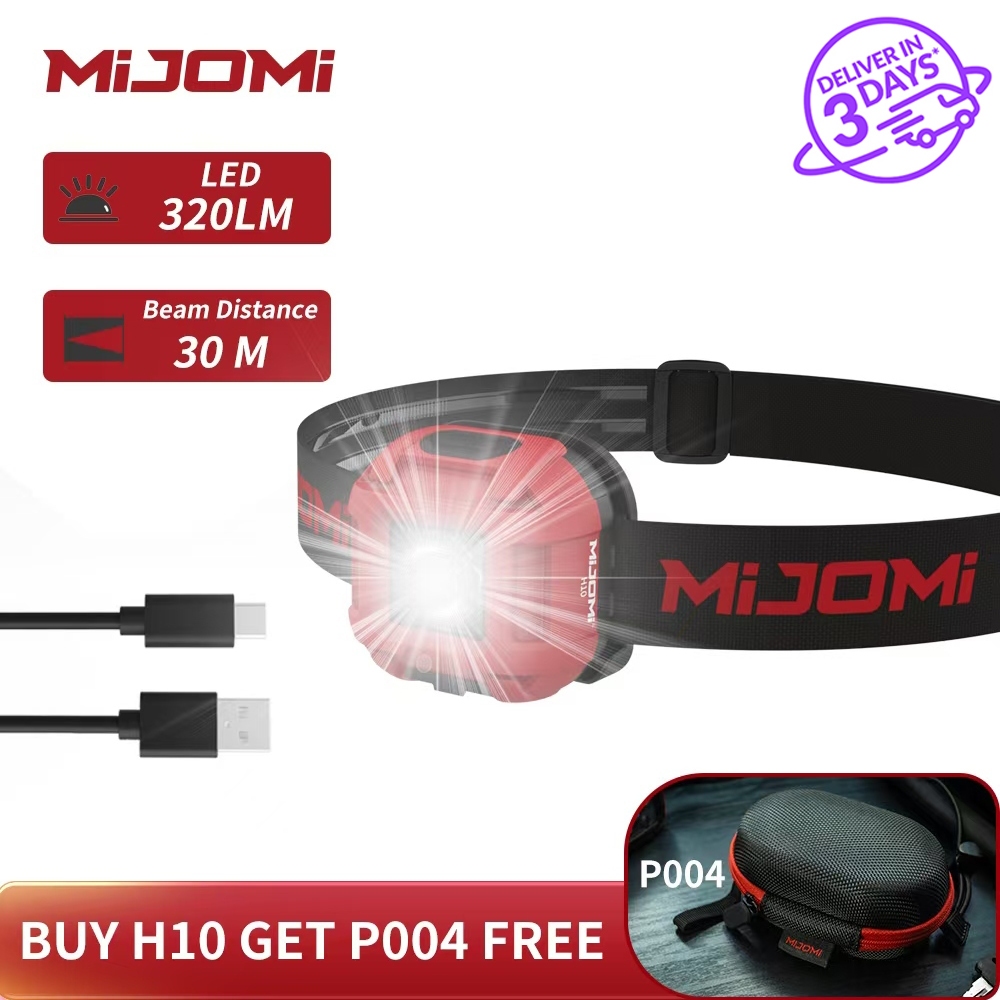Mijomi Mini LED ไฟหน้า H10 ไฟหน้าน้ําหนักเบาพร้อมแสงสีแดง Type-C ไฟหน้าแบบชาร์จไฟได้ 320 ลูเมน 3 โหมดแสงโคมไฟหัวปรับสําหรับกลางแจ้ง