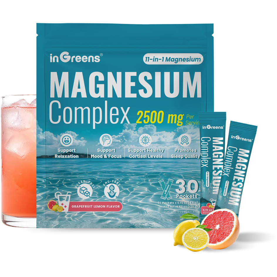 InGreens 11-in-1 Super Calm Magnesium Complex Powder, เครื่องดื่มลด Super Cortisol, Mood & Sleep, 0 น้ําตาล, ออนเดอะโก, 30 Ct, รสเกรปฟรุตเลมอน