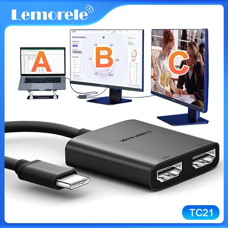 Lemorele Hdmi Splitter USB C ถึง Dual Hdmi Adapter Type C ถึง 2 Hdmi Docking Station USB C Hub