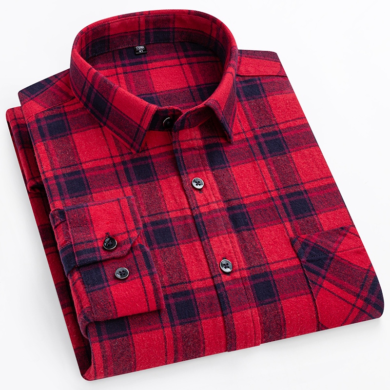 เสื้อเชิ้ตแขนยาวลายสก๊อตลายทางผู้ชายผ้าฝ้าย 100% ขนาดปกติ