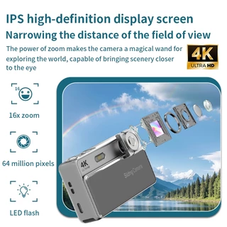 กล้องดิจิตอล 4K Ultra HD 64MP 2.8 "หน้าจอ IPS 16X ซูม AF ออโต้โฟกัสพร้อมไฟเติม Type-C ชาร์จกล้องดิจิตอลขนาดเล็กสําหรับนักเรียนเริ่มต้น Vlogging & Travel
