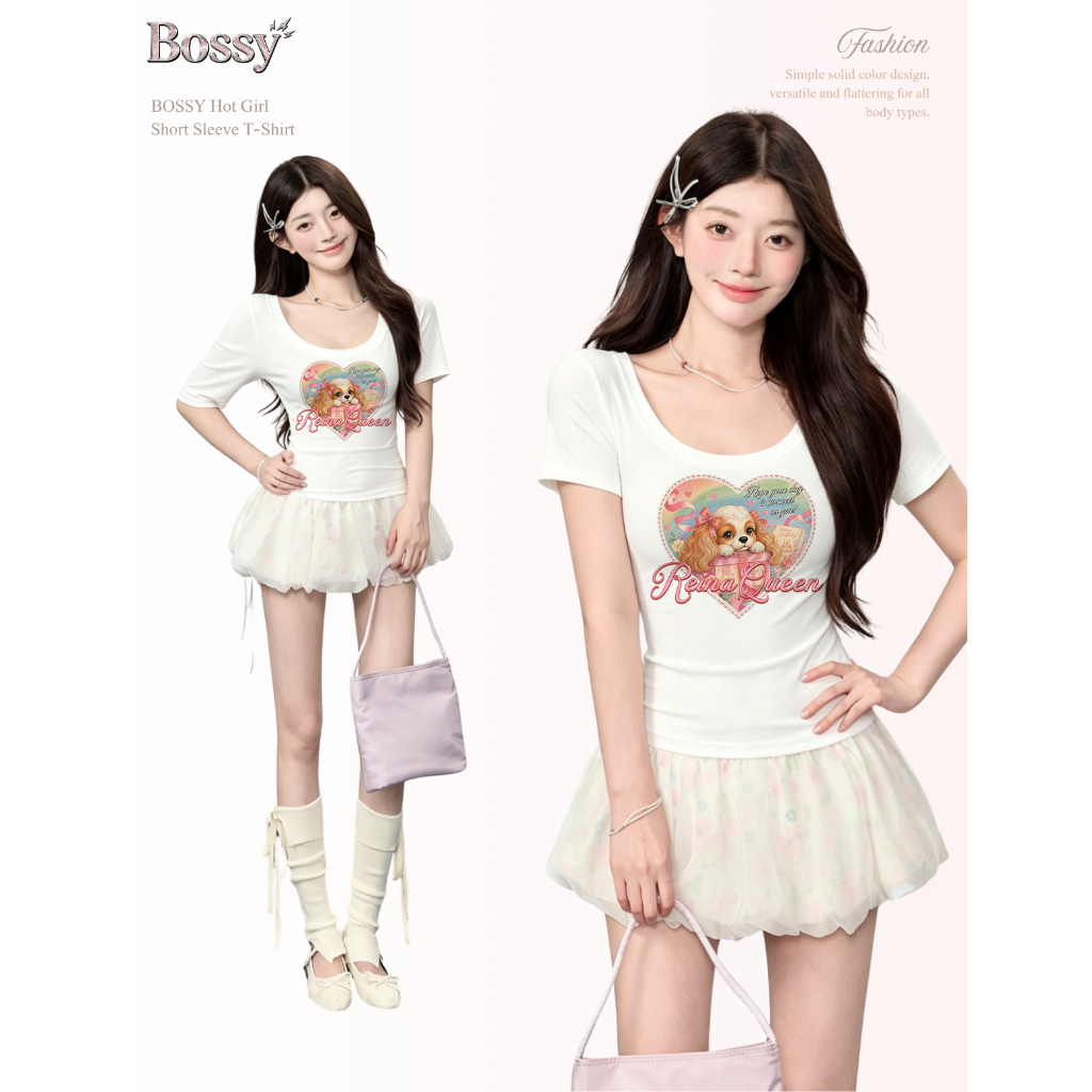 BOSSY เสื้อยืดแขนสั้นคอวี สไตล์อเมริกันวินเทจ ลายสุนัขน่ารัก ทรงเข้ารูป ผ้าฝ้าย100%#F+5523