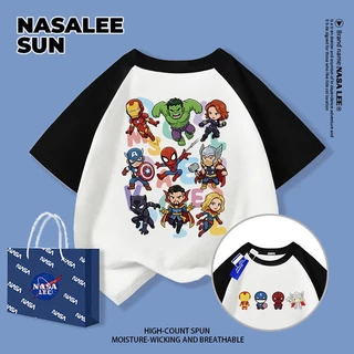 [จัดส่งในวันเดียวกัน] เด็กผ้าฝ้ายสีดําสีขาวเสื้อยืดการ์ตูนสนุกซูเปอร์ฮีโร่พิมพ์ฤดูร้อนระบายอากาศเสื้อผ้าแขนสั้นเหมาะสําหรับ3-16ชายหญิง