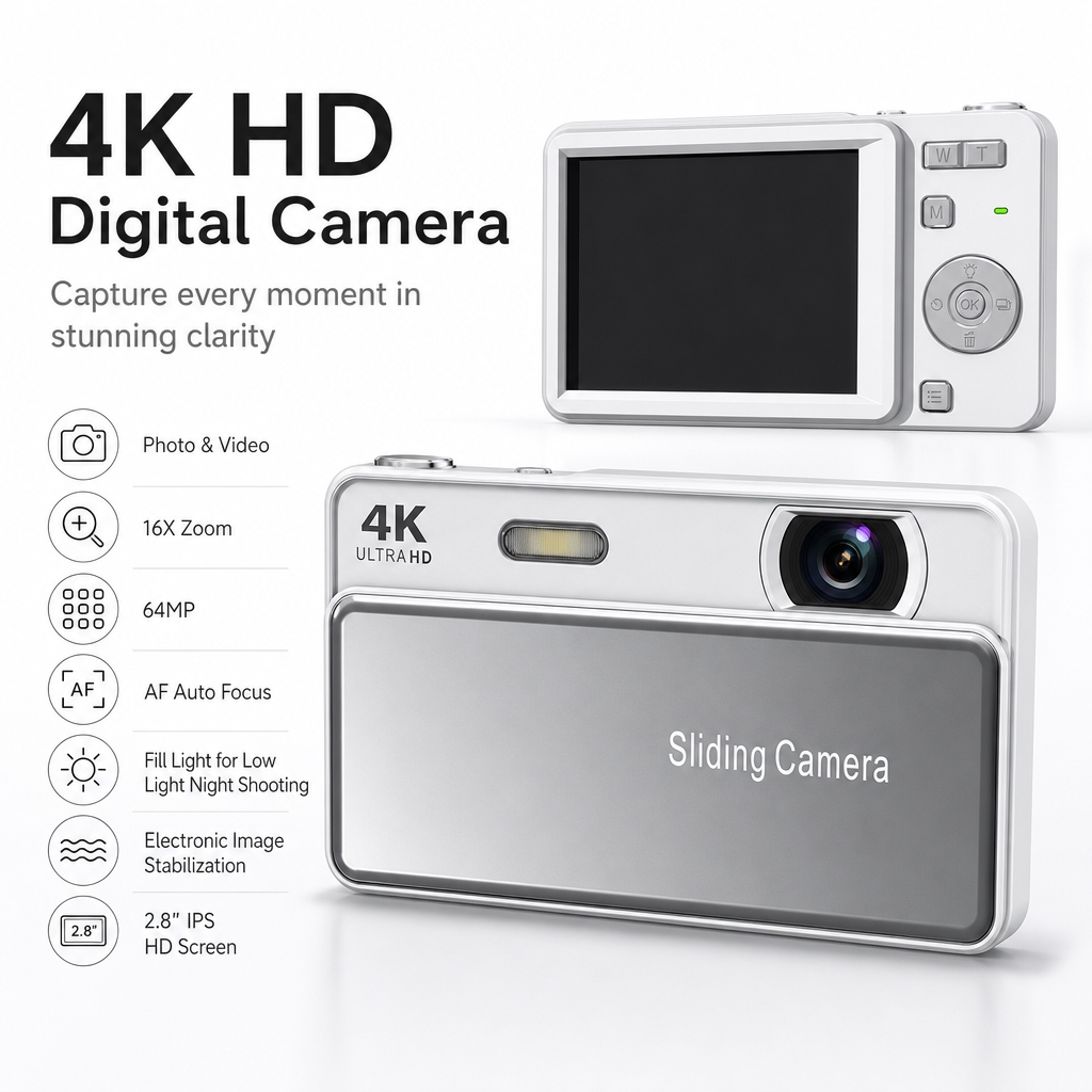 กล้องดิจิตอล 4K Ultra HD 64MP 2.8 "หน้าจอ IPS 16X ซูม AF ออโต้โฟกัสพร้อมไฟเติม Type-C ชาร์จกล้องดิจิตอลขนาดเล็กสําหรับนักเรียนเริ่มต้น Vlogging & Travel