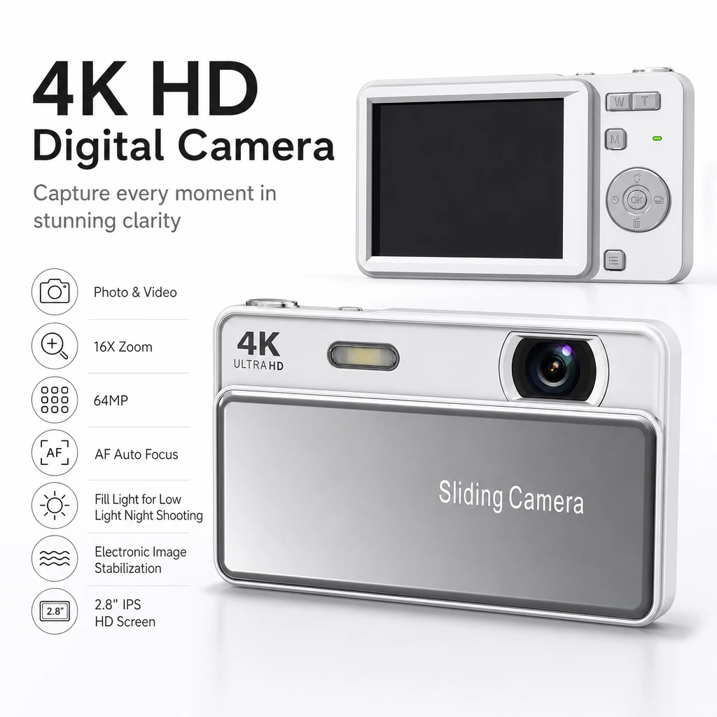 กล้องดิจิตอล 4K Ultra HD 64MP 2.8 "หน้าจอ IPS 16X ซูม AF ออโต้โฟกัสพร้อมไฟเติม Type-C ชาร์จกล้องดิจิตอลขนาดเล็กสําหรับนักเรียนเริ่มต้น Vlogging & Travel