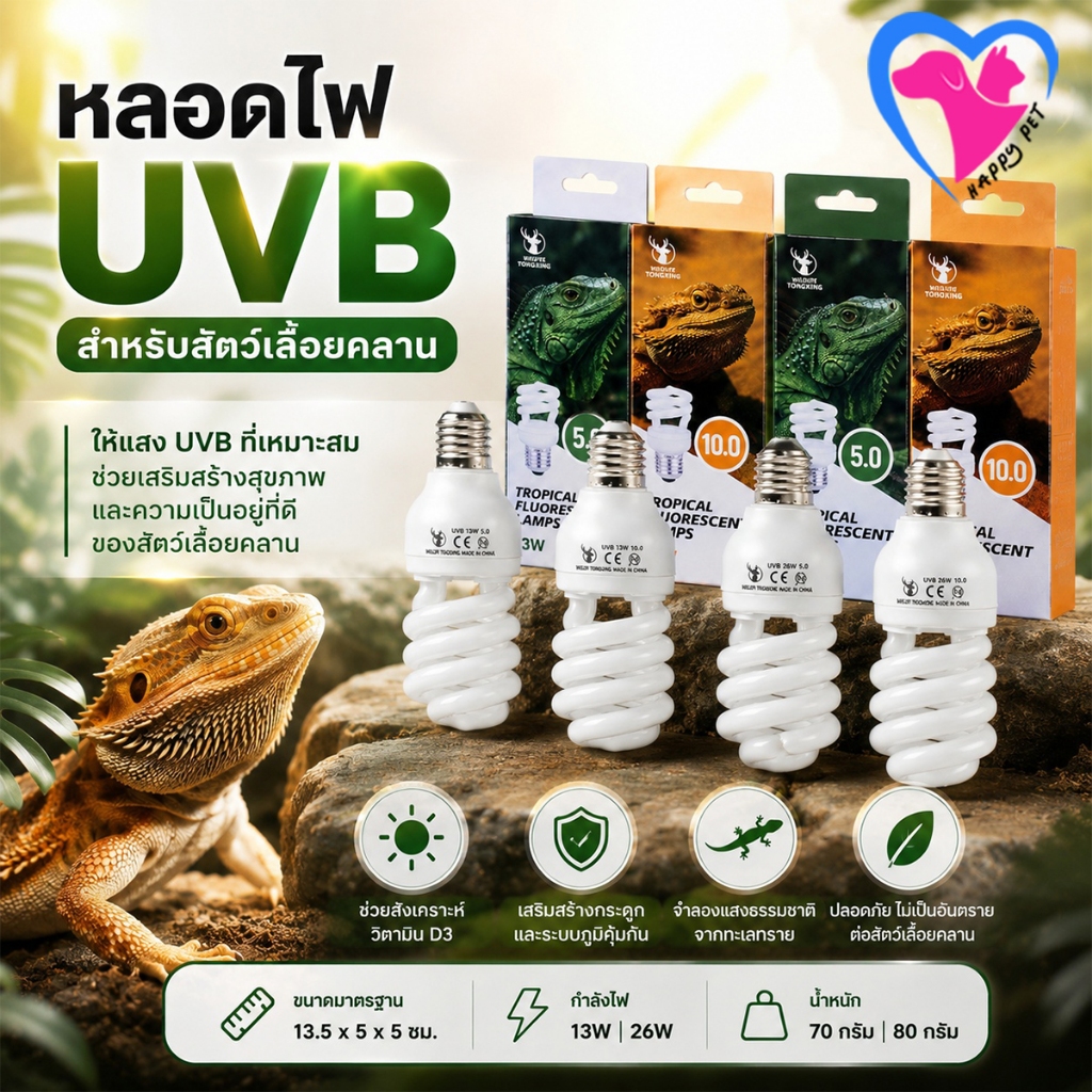 Happy หลอด UVB10.0 สำหรับสัตว์ทะเลทราย แสงเสถียร ไม่กระพริบ ขั้วมาตรฐาน E27