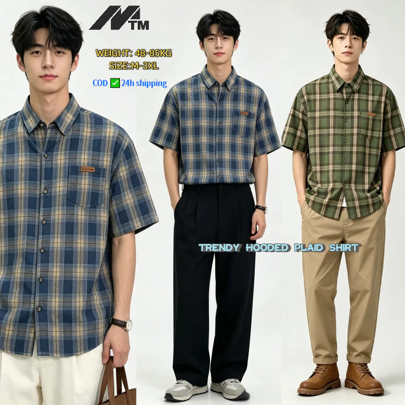 MTMเสื้อเชิ้ตแขนสั้นลายสก๊อตขนาดใหญ่สไตล์เกาหลีหลวมลายสก๊อตเสื้อแขนสั้น ไม่จํากัดเพศ อเนกประสงค์ด้านบน 24ชม. ปลาค็อด