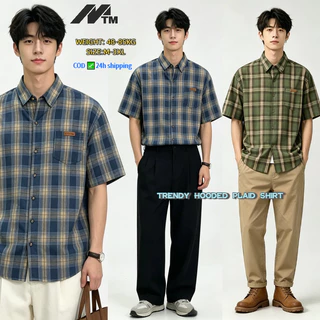 MTMเสื้อเชิ้ตแขนสั้นลายสก๊อตขนาดใหญ่สไตล์เกาหลีหลวมลายสก๊อตเสื้อแขนสั้น ไม่จํากัดเพศ อเนกประสงค์ด้านบน 24ชม. ปลาค็อด