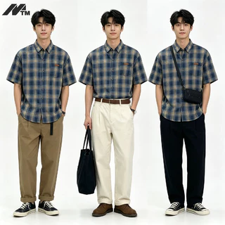 MTMเสื้อเชิ้ตแขนสั้นลายสก๊อตขนาดใหญ่สไตล์เกาหลีหลวมลายสก๊อตเสื้อแขนสั้น ไม่จํากัดเพศ อเนกประสงค์ด้านบน 24ชม. ปลาค็อด