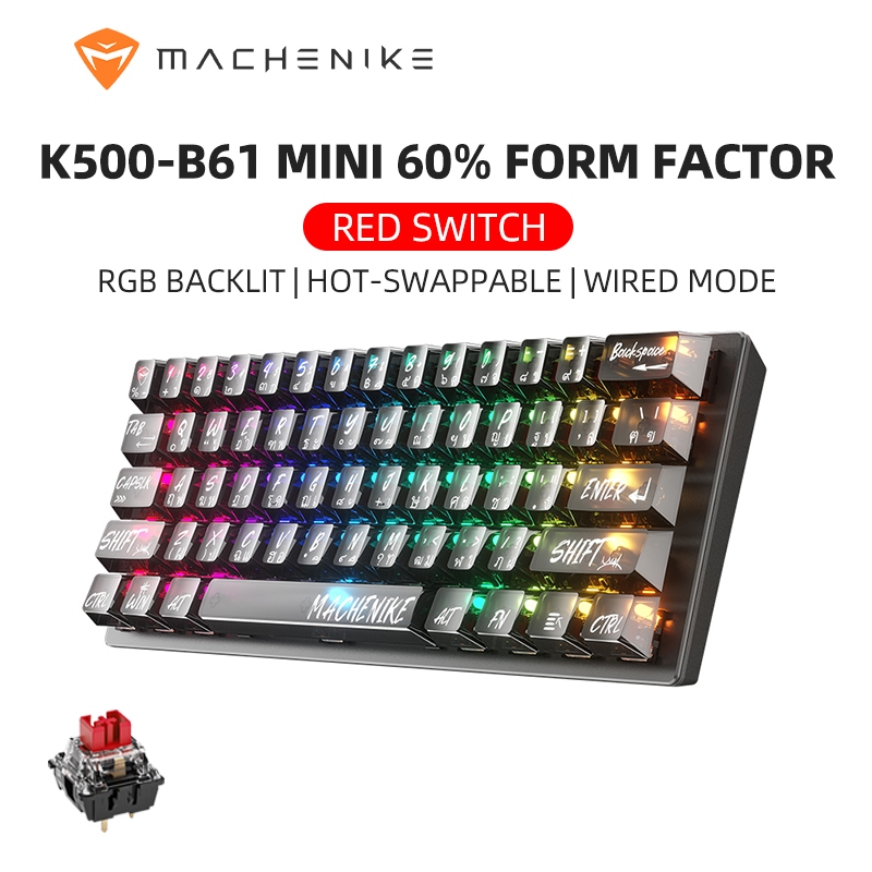 Machenike K500 B61 คีย์บอร์ดเมคคานิคอล ไร้สาย 61 คีย์ ดำ พร้อมสวิทช์ร้อนและไฟ RGB