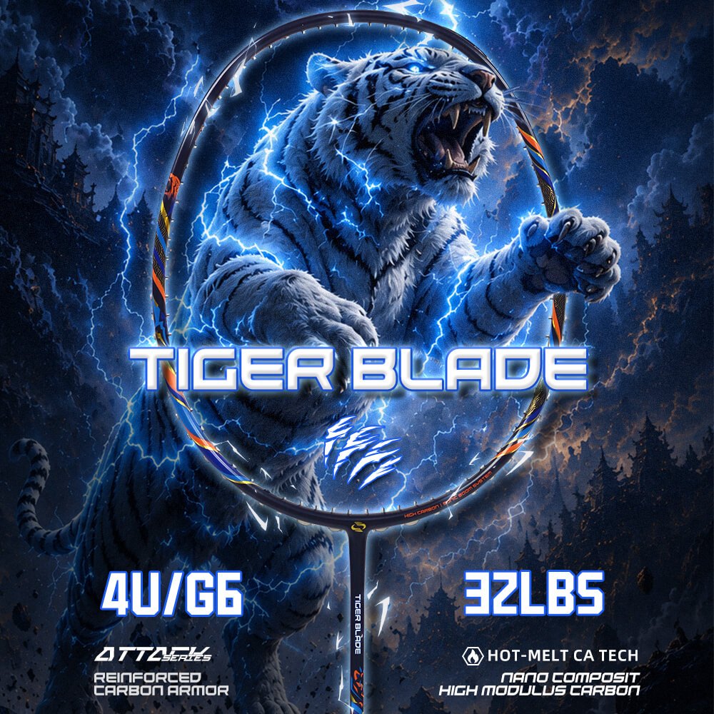 Tiger Blade - ไม้แบดมินตัน, T800 Carbon Fibre, 4U/G6, Max 32lbs Pre-Strung 26lbs, Fast Smash Power A