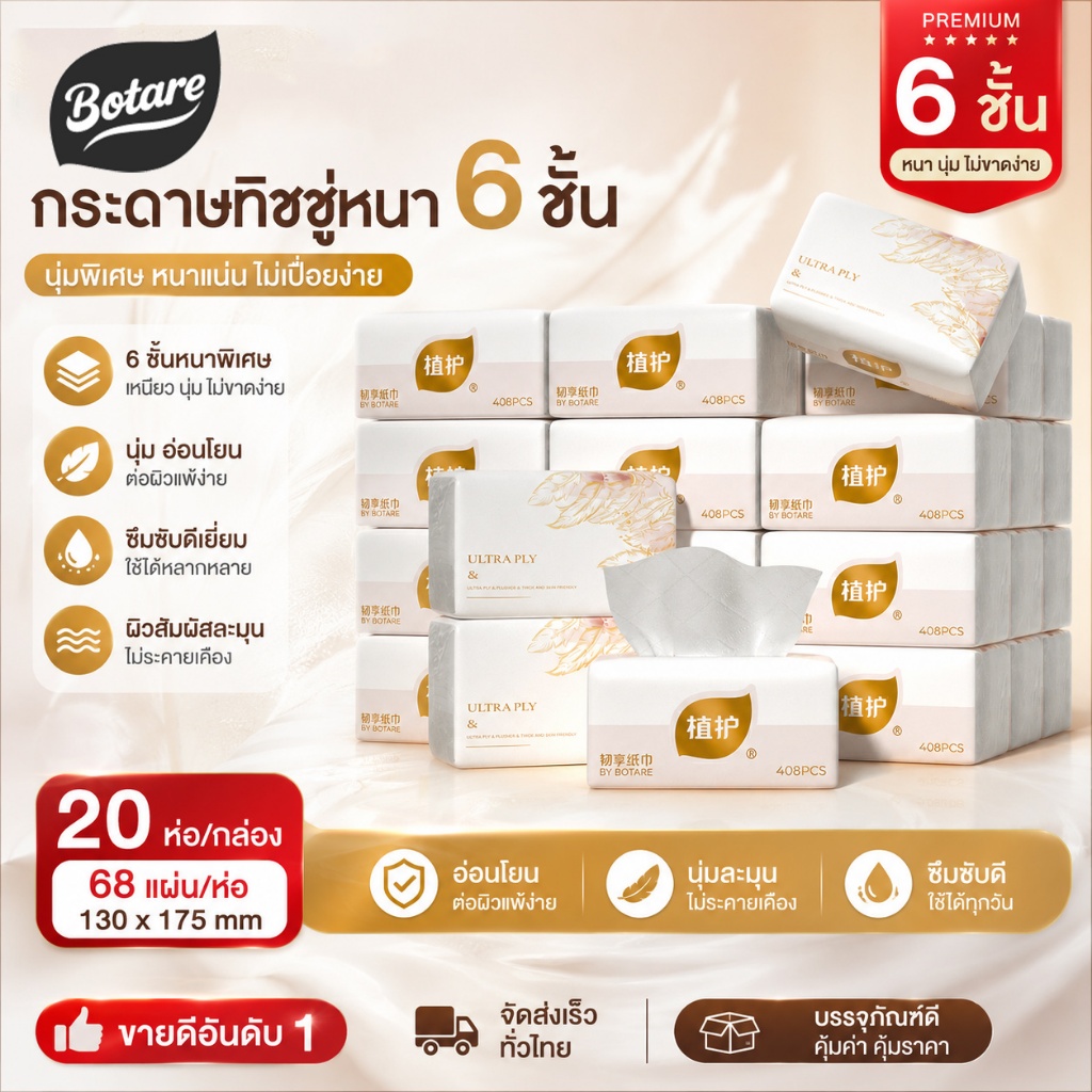 【6 ชั้น】Botare หนามาก พรีเมียม ทิชชู่คุณภาพสูง ซักได้ นุ่มลื่น 20 แพ็คต่อกล่อง 68 แผ่น 130x175mm