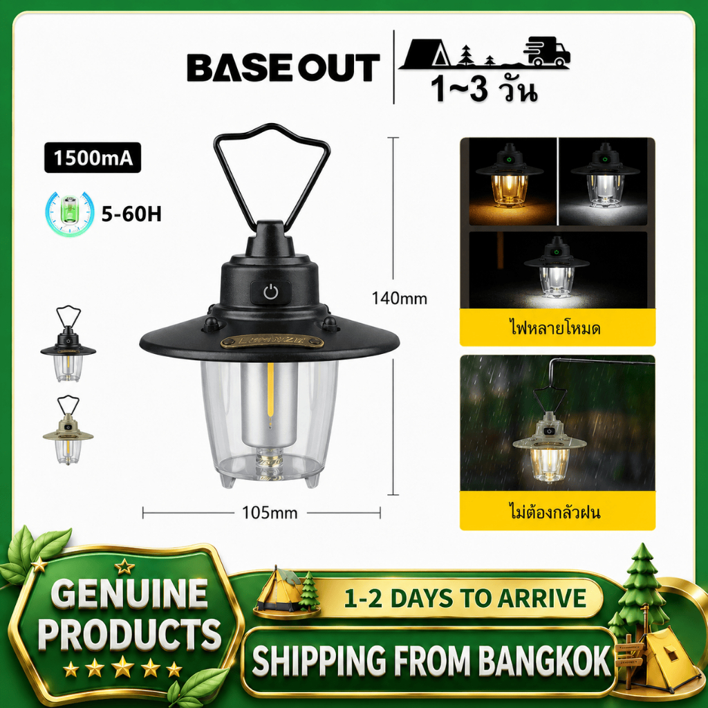 BASEOUT โคมไฟตั้งแคมป์กลางแจ้งแบบย้อนยุคไฟเต็นท์แบบพกพาแบบชาร์จไฟได้