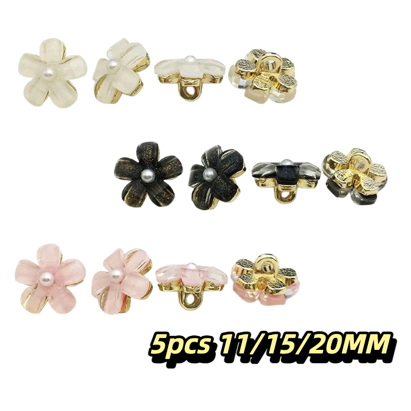 กระดุมข้อมือ กระดุมมุก ลายดอกไม้ สีดํา สีขาว ขนาดเล็ก 11 15 20 มม. สําหรับตกแต่งเสื้อคาร์ดิแกน 5 ชิ้น