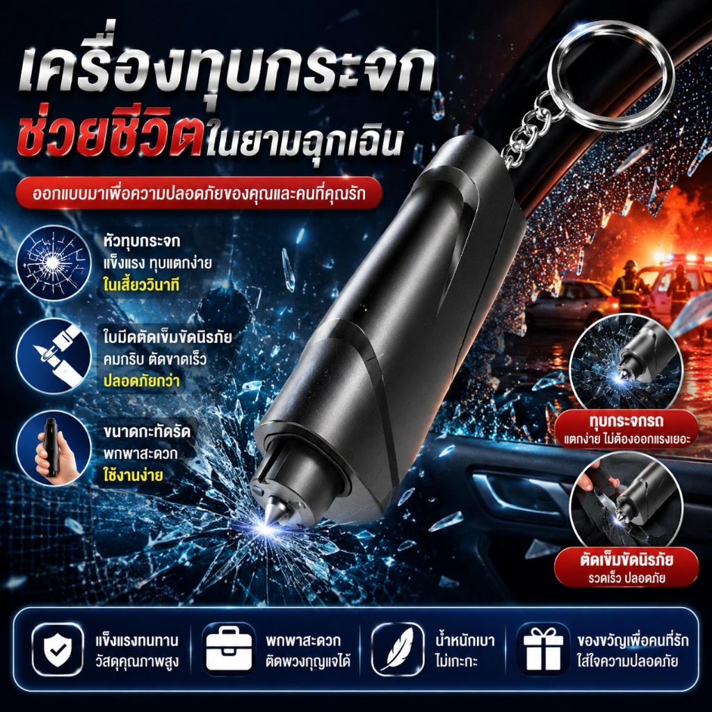ค้อนทุบกระจกรถยนต์ฉุกเฉิน 3in1 ทุบกระจก ตัดเข็มขัดนิรภัย พร้อมนกหวีดฉุกเฉิน พกพาสะดวก ใช้งานง่าย MC019