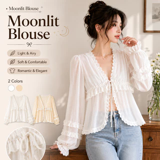somethingappeals Moonlit Blouse เสื้อคาร์ดิแกนขอบหยักลูกไม้ ทรงครอป V Neck แต่งชั้นหยัก สไตล์สวีท