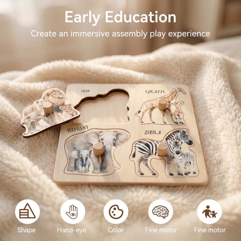 3D แอฟริกันสัตว์ปริศนาของเล่นไม้ Montessori เด็ก Knob Board ของเล่นของเล่นเพื่อการศึกษาสําหรับ Fine Motor Skills