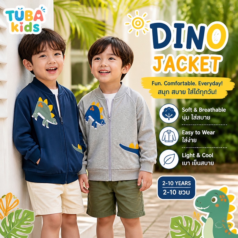 【ส่งด่วน】📢 แจ็คเก็ตเบสบอลเด็กผู้ชาย มีซิป ปักลายไดโนเสาร์ สไตล์ลำลอง อายุ 2-10 ปี #TUBA Kids