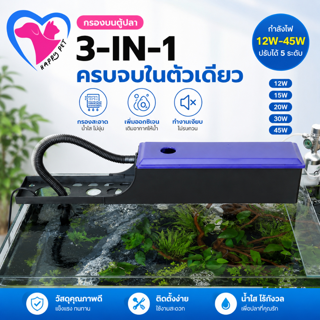 Happy Pet กรองบนตู้ปลา 3 in 1กรองบนตู้ (กรองบนสำหรับกรองน้ำให้ใสสะอาด นำไปใช้กับ ตู้ปลา16-24 นิ้ว)