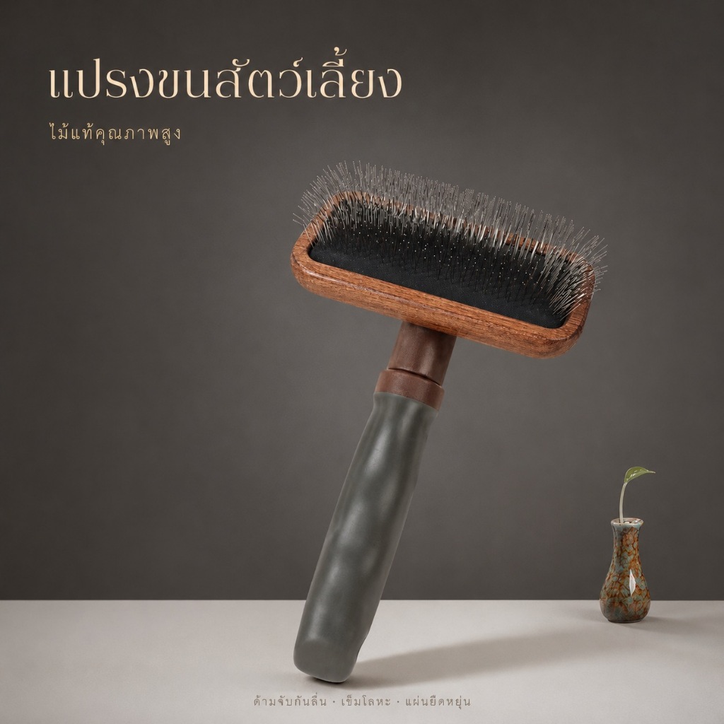 แปรงขนสัตว์เลี้ยง ไม้แท้ธรรมชาติ ดูแลขนน้องได้ทุกวัน เข็มงอ 135° คลายปมนุ่มนวล แผ่นรองยืดหยุ่น ด้ามจับ TPR กันลื่น สำหรับสุนัข-แมว
