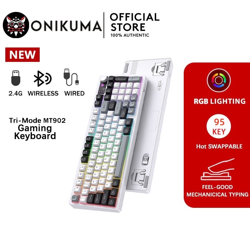 ONIKUMA MT902 คีย์บอร์ดเกม 95 คีย์ 3 โหมดปุ่มเงียบสําหรับ esports PBT keycaps ใช้งานต่อเนื่อง 20 ชั่วโมง (พร้อมไฟ RGB) 2 ปี