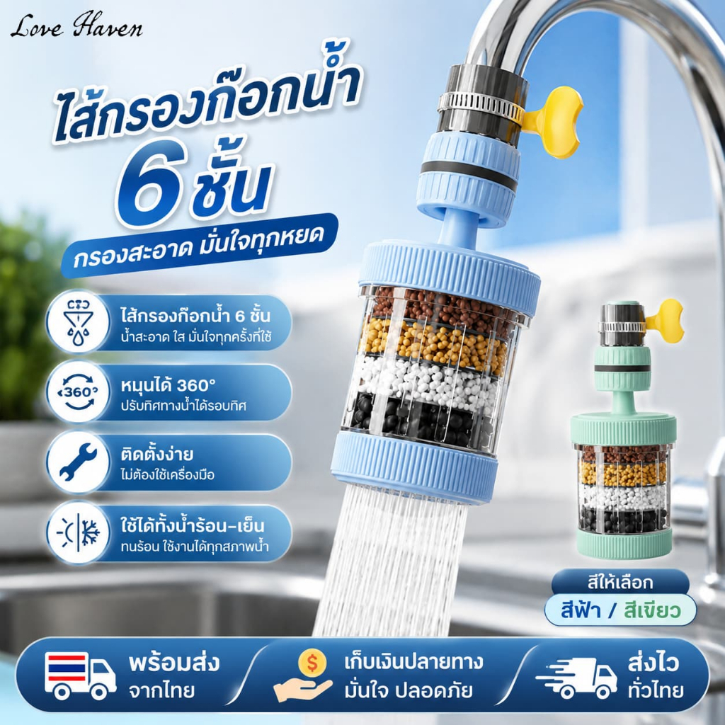 [Love Haven]ตัวกรองการทําให้บริสุทธิ์น้ําก๊อกน้ํา 6 ชั้น, หัวกรองก๊อกน้ํา, ตะกอนกรอง, 360°หมุนติดตั้งง่ายแรงดันน้ําที่แข็งแกร่งเหมาะสําหรับห้องครัวและห้องน้ํา