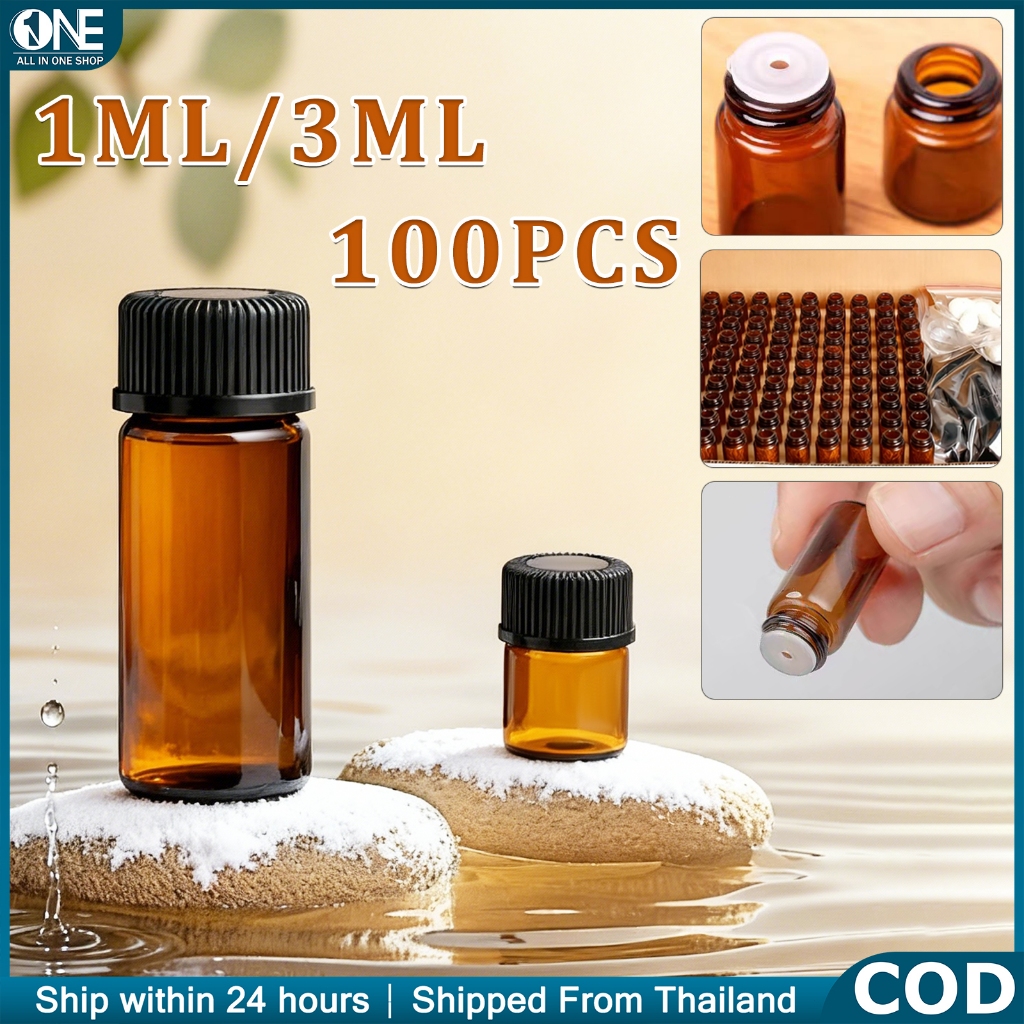 ขวดแก้วสีน้ำตาลใส่น้ำมันหอมระเหย 1ML 3ML ฝาปิดสีดำ แบบรีฟิล 100 ชิ้น ป้องกันแสง สำหรับน้ำหอมและอโรมา