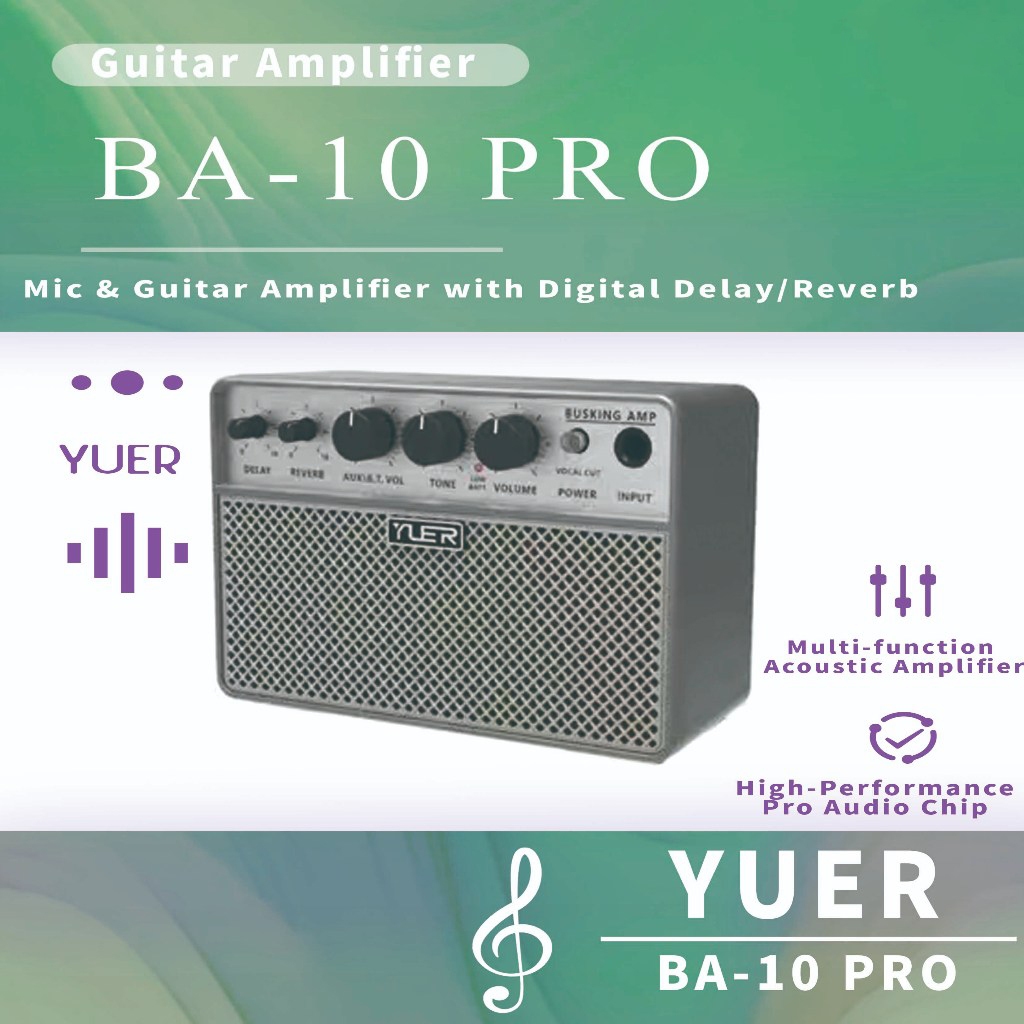 YUER BA-10Pro 10W กีตาร์อะคูสติก Amp Mic & กีตาร์เครื่องขยายเสียงดิจิตอล Delay/Reverb ชาร์จลําโพงแบบพกพาไร้สาย