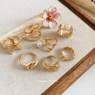 DREJEW แหวนผู้หญิง ชุด 8 ชิ้น ปลาดาว ดอกไม้เคลือบสีฟ้า ไข่มุกเทียม แหวนเปิด สไตล์มหาสมุทรฤดูร้อน วันหยุดชายหาด สวมใส่ทุกวัน ออกเดท ของขวัญ