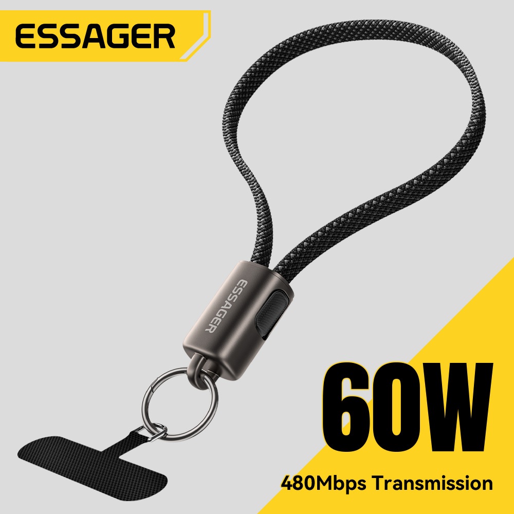 ESSAGER สายเคเบิลข้อมูลเชือกเส้นเล็ก 2-in-1 พร้อม Type-C ถึง C 60W ชาร์จเร็ว 0.3 ม. สายสั้นแบบพกพา