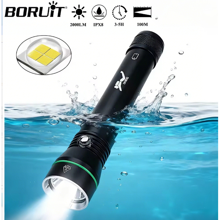 BORUiT S4 ไฟฉายดําน้ํา Super Bright 2000LM IPX8 กันน้ําดําน้ําดําน้ําพร้อมเชือกมือมืออาชีพ Submersib