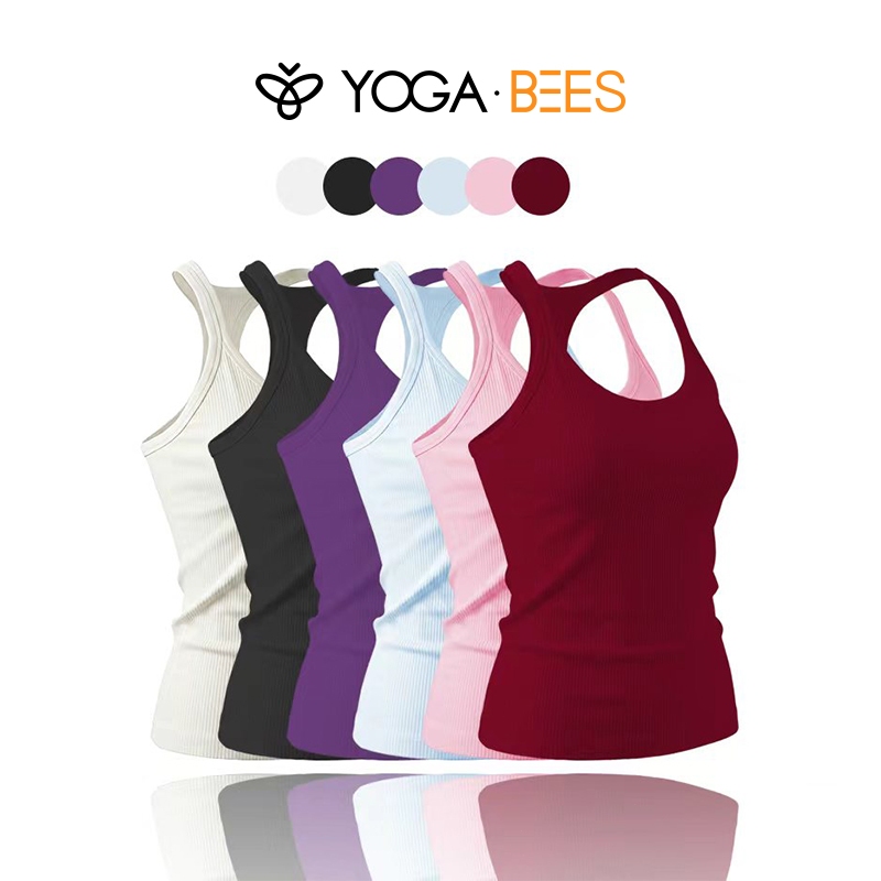 YOGA BEES เสื้อกล้ามหลังร่องลายร่องคอU รัดรูปผ้ายืดสูง 6 สี สวมโยคะวิ่งและประจำวัน