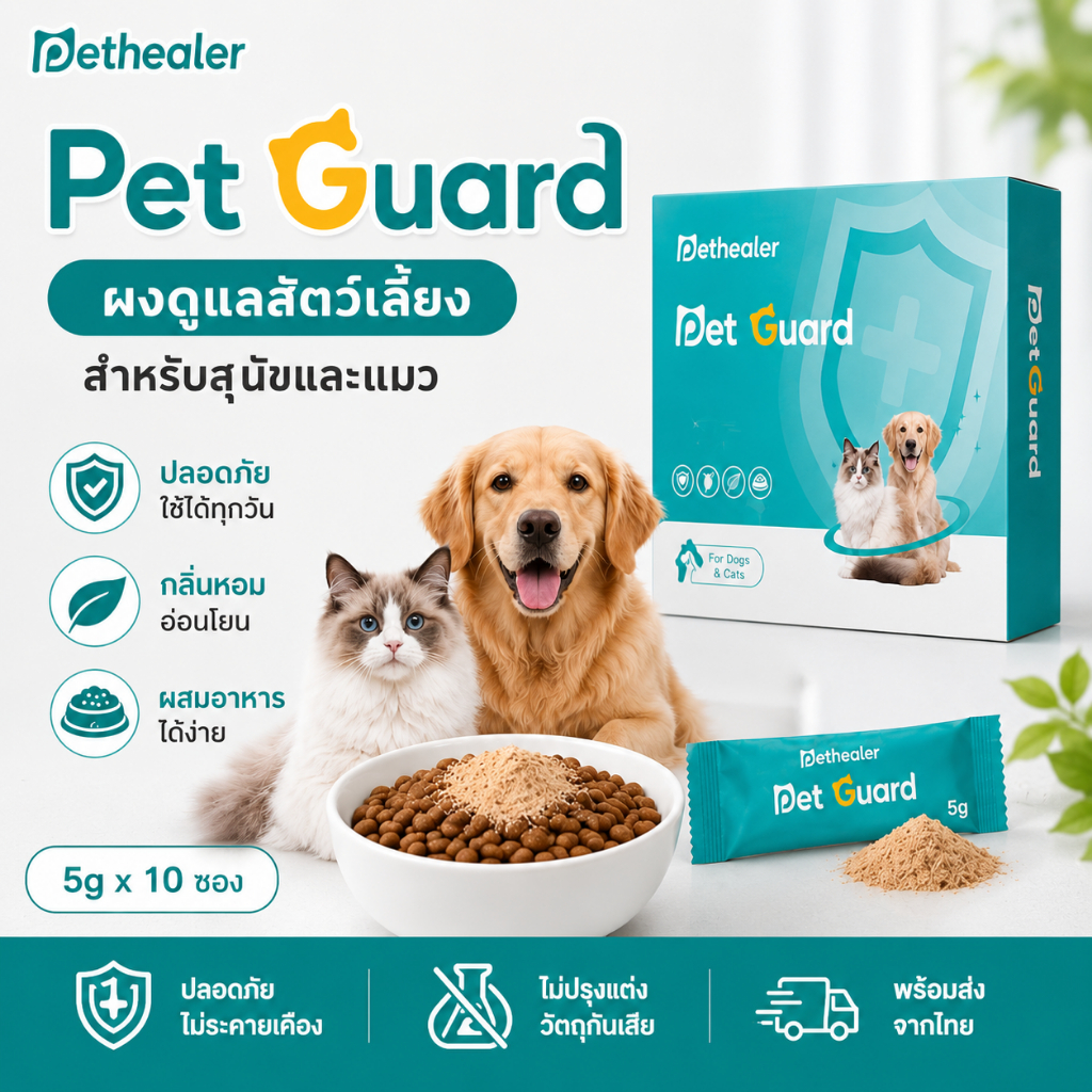Pethealer Pet Guard ผงดูแลสัตว์เลี้ยง สำหรับสุนัขและแมว ลดกลิ่นอับ ใช้ง่าย 5g x 10 ซอง
