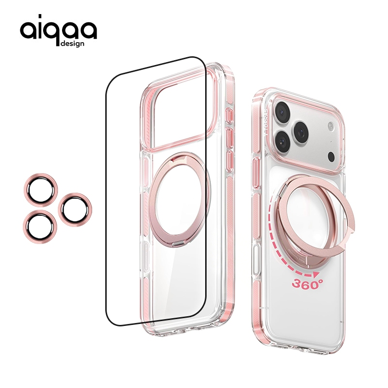 AIQAA สําหรับ iPhone Case 17,17Air,16,15,14,13,12,11Pro Max/Plus(รวมตัวป้องกันเลนส์กล้อง + ฟิล์มกันรอยหน้าจอ) 360°พร้อมเคสโทรศัพท์กันลื่นป้องกันรอยขีดข่วนแบบโปร่งใส StandSlim