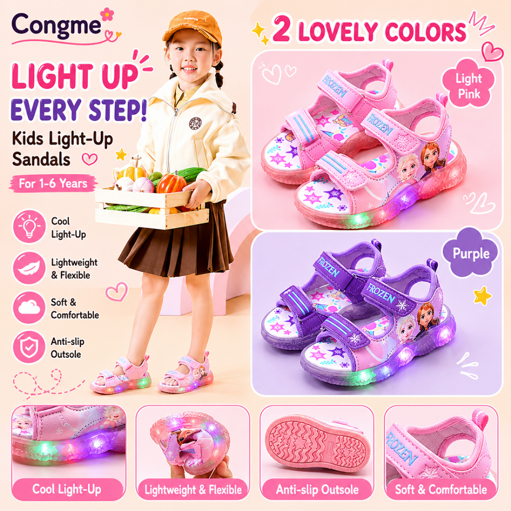 Congme รองเท้าแตะเจ้าหญิงเอลซ่า มีไฟ LED กันลื่น สําหรับเด็กผู้หญิง อายุ 1-7 ปี