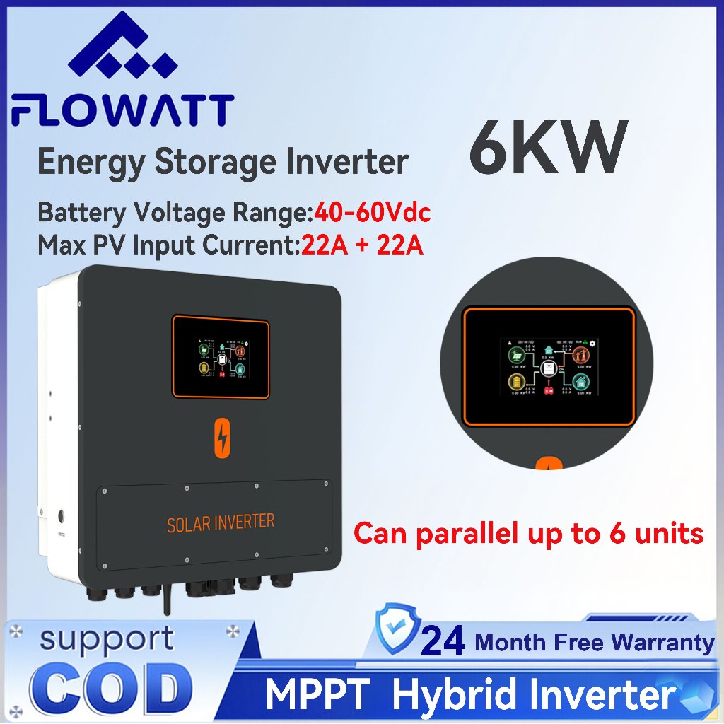 Flowatt 6KW On-Grid/Off-Grid Hybrid Inverter 50Vdc Pure Sine Wave อินเวอร์เตอร์พลังงานแสงอาทิตย์โมดูล WiFi ในตัวรองรับการเชื่อมต่อตารางและการขายไฟฟ้า