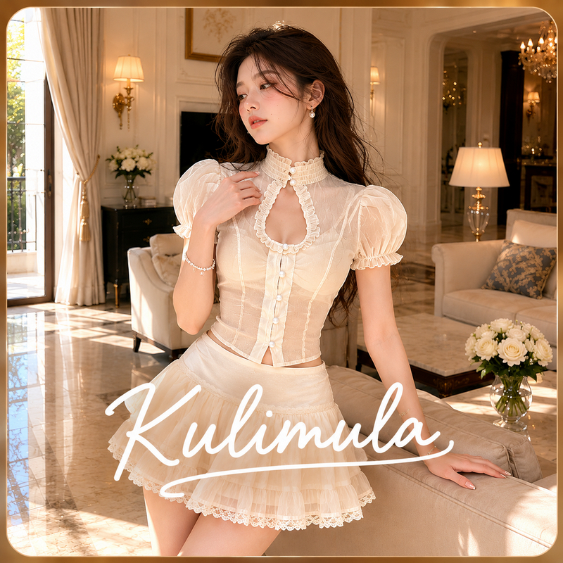 KULIMULA เสื้อแขนพัฟพ+ กระโปรงพลีท ชุดเสื้อกระโปรง ชุดกระโปรงจีบผ้าชีฟอง สไตล์คอร์เซ็ตหวานๆ [ซื้อแยกได้] Q48