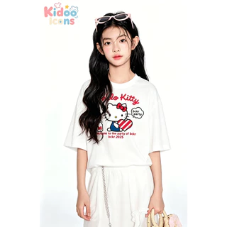 Kidoo Icons เสื้อยืดเด็กผู้หญิงฤดูร้อน คอกลม ทรงหลวมสบาย ลายการ์ตูน Hello Kitty เนื้อผ้านุ่มยืดหยุ่น ผ้าฝ้าย100% #A01+585