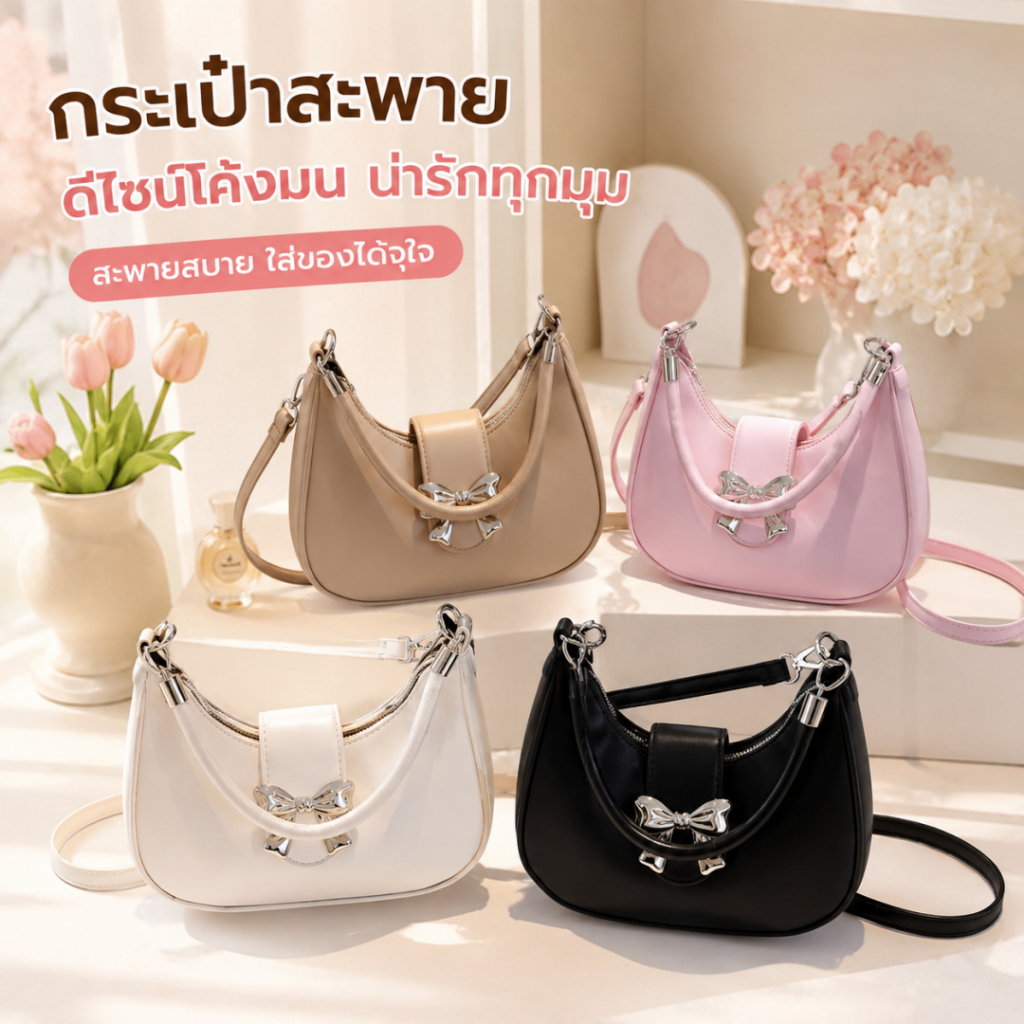 พร้อมส่ง กระเป๋าสะพายข้างโบว์เงิน ดีไซน์น่ารัก 2สาย(ถือ/สะพาย) มี4สี 【LuckServeX】