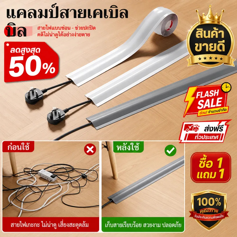 🚚จัดส่งตลอด 24H🚚รางเก็บสายไฟแบบยืดหยุ่น/ฝาครอบสายไฟตกแต่ง/ที่จัดระเบียบสายเคเบิล  ติดตั้งบนพื้นผิว ดีไซน์โค้งงอได้ตามต้องการ  1 เมตร สำหรับบ้านและสำนักงาน