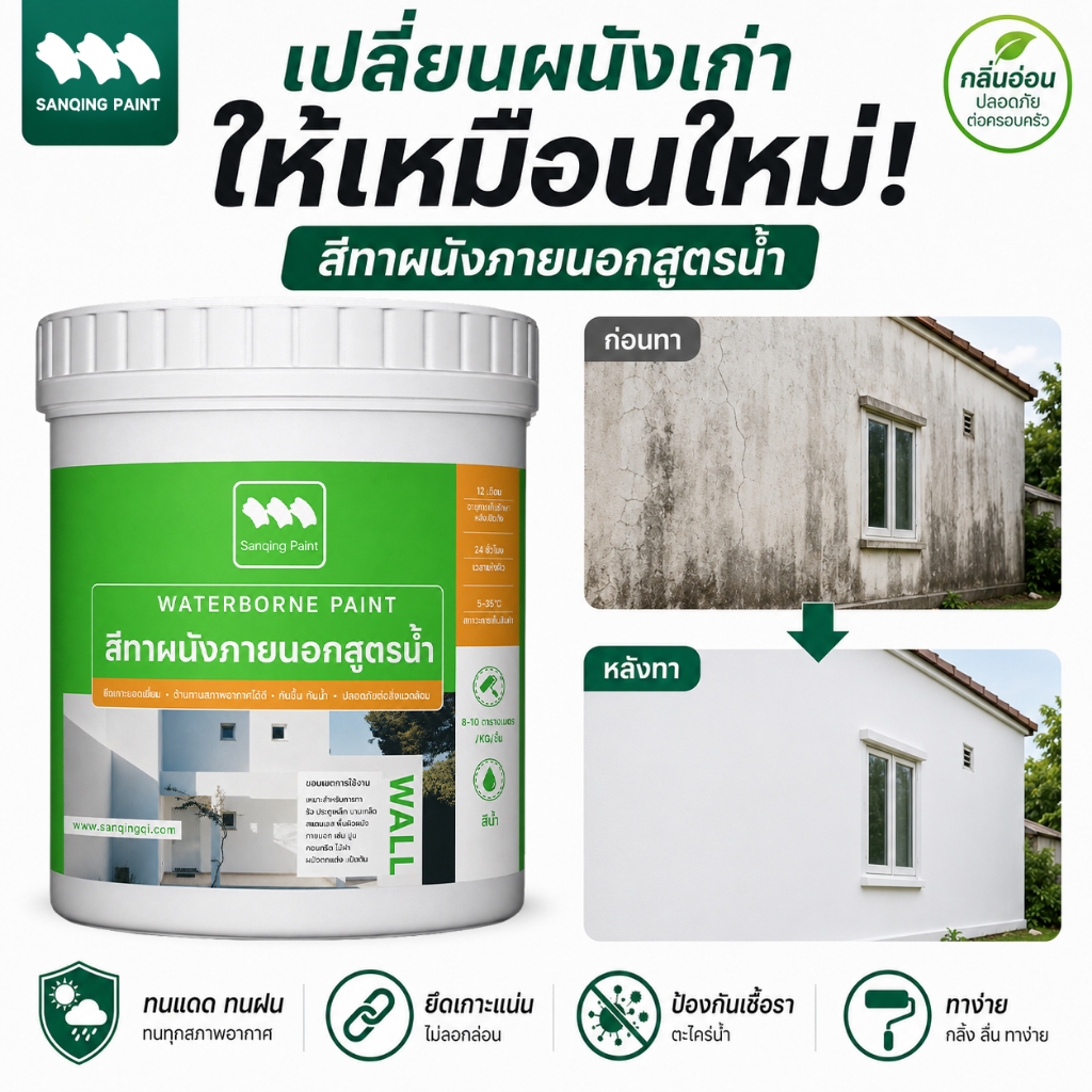SANQING สีทาบ้าน สีทาภายนอก สีอะคริลิค กันน้ำ กันแดด กันเชื้อรา ทน UV ใช้ได้กับผนังปูน รั้วบ้าน อาคารภายนอก สีไม่ลอก สีไม่ซีด