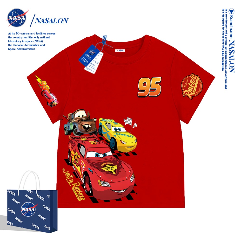 NASA เสื้อยืดเด็กแขนสั้น ผ้าฝ้าย 100% เสื้อเด็กผู้ชาย Lightning McQueen ลายการ์ตูน ระบายอากาศดี สำหรับเด็กอายุ 1-12 ปี