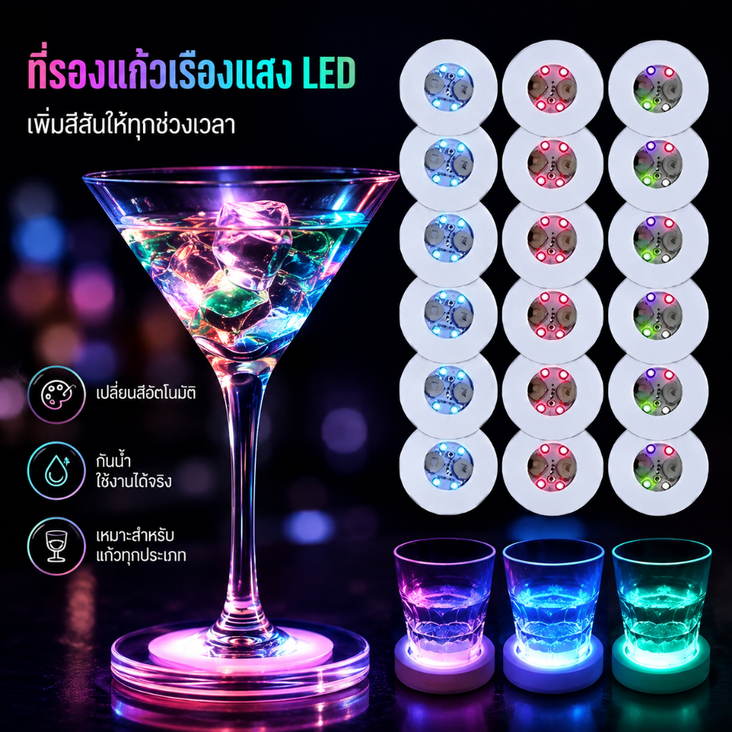 ที่รองแก้ว LED มีไฟ เปลี่ยนสี กันน้ำ สร้างบรรยากาศ สำหรับบาร์และปาร์ตี้ A00211