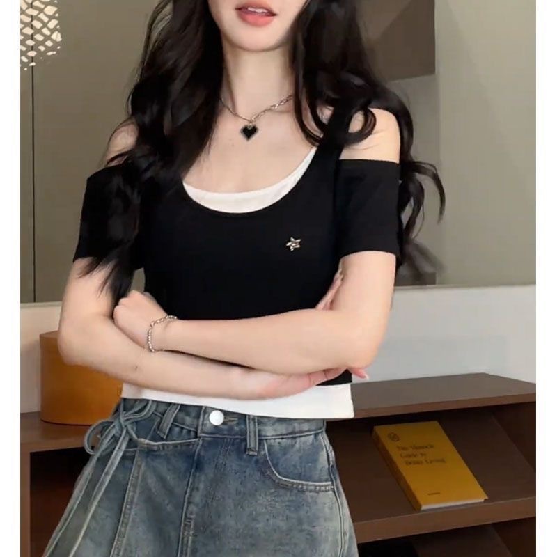 ไหล่ปกรูปตัวยูปลอมสองชิ้นเสื้อยืดผู้หญิงสลิมฟิตสั้นด้านบน